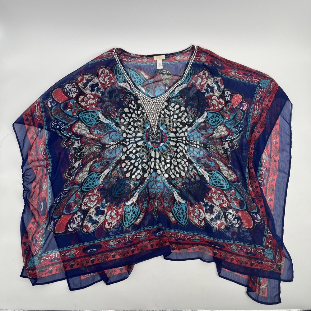 Chico's Beaded Tunic Shawl Vibrant Colors Paisley Boho Swim Cover Festival OSFA